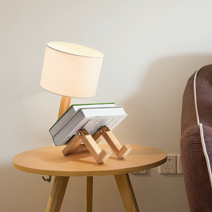 Scandinavian White Wooden Reading Lamp with Adjustable Head and Integrated Shelf - Bedside Light for Reading 1