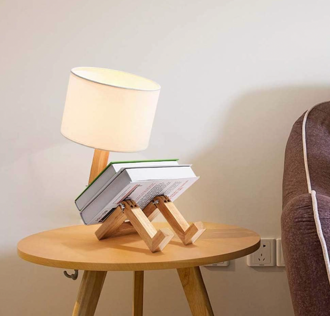 Scandinavian White Wooden Reading Lamp with Adjustable Head and Integrated Shelf - Bedside Light for Reading 2