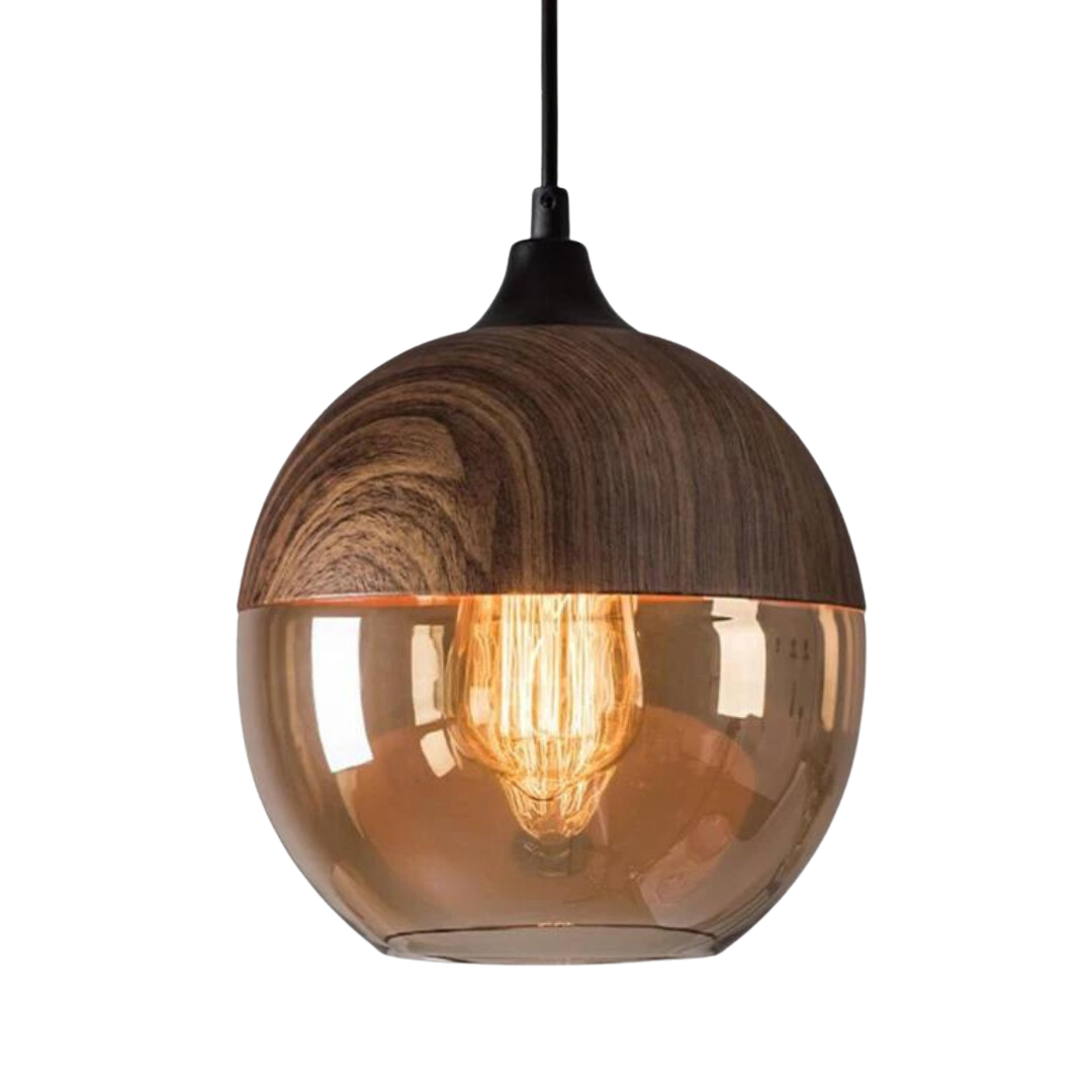 Scandinavian Wooden Ceiling Lamp with Tinted Glass - Adjustable Height Design 0