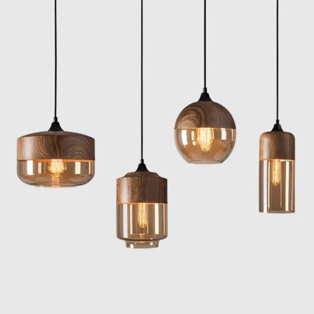 Scandinavian Wooden Ceiling Lamp with Tinted Glass - Adjustable Height Design 4
