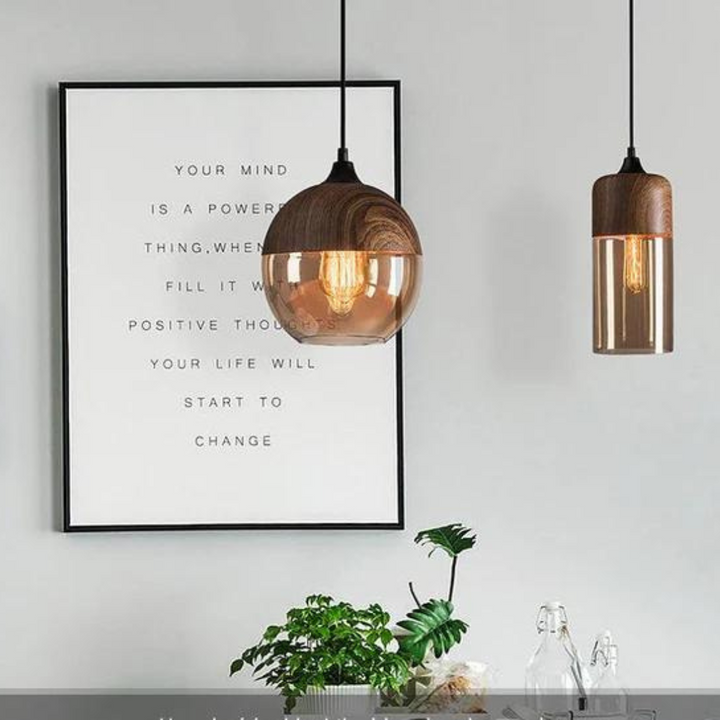 Scandinavian Wooden Ceiling Lamp with Tinted Glass - Adjustable Height Design 7