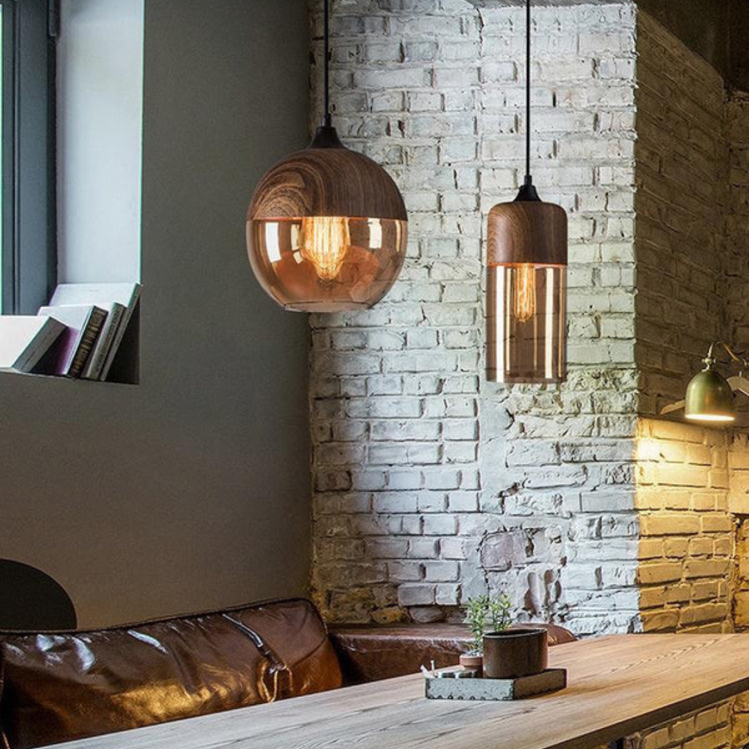 Scandinavian Wooden Ceiling Lamp with Tinted Glass - Adjustable Height Design 8