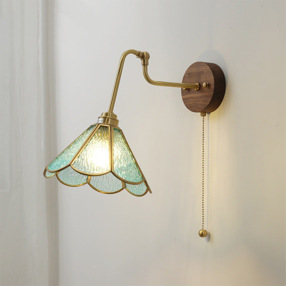 Vintage Brass and Glass Wall Sconce with Fluted Shade and Pull Chain Switch - Elegant Indoor Lighting 0