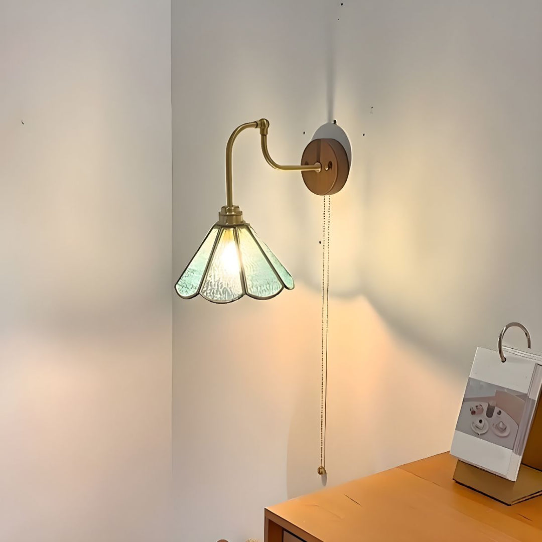 Vintage Brass and Glass Wall Sconce with Fluted Shade and Pull Chain Switch - Elegant Indoor Lighting 1