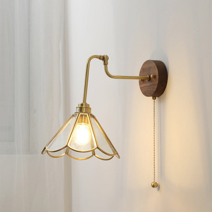 Vintage Brass and Glass Wall Sconce with Fluted Shade and Pull Chain Switch - Elegant Indoor Lighting 3