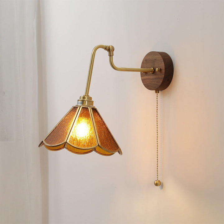 Vintage Brass and Glass Wall Sconce with Fluted Shade and Pull Chain Switch - Elegant Indoor Lighting 5