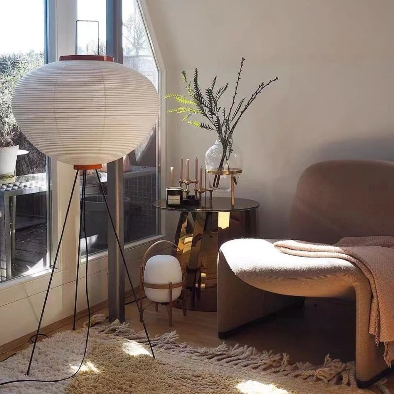 Vintage Minimalist Rice Paper Floor Lamp - Japanese Wabi-Sabi Design for Ambient Lighting 2