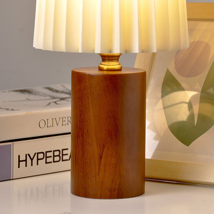 Vintage Pleated Table Lamp with Wooden Base - Elegant Bedside Lighting 7