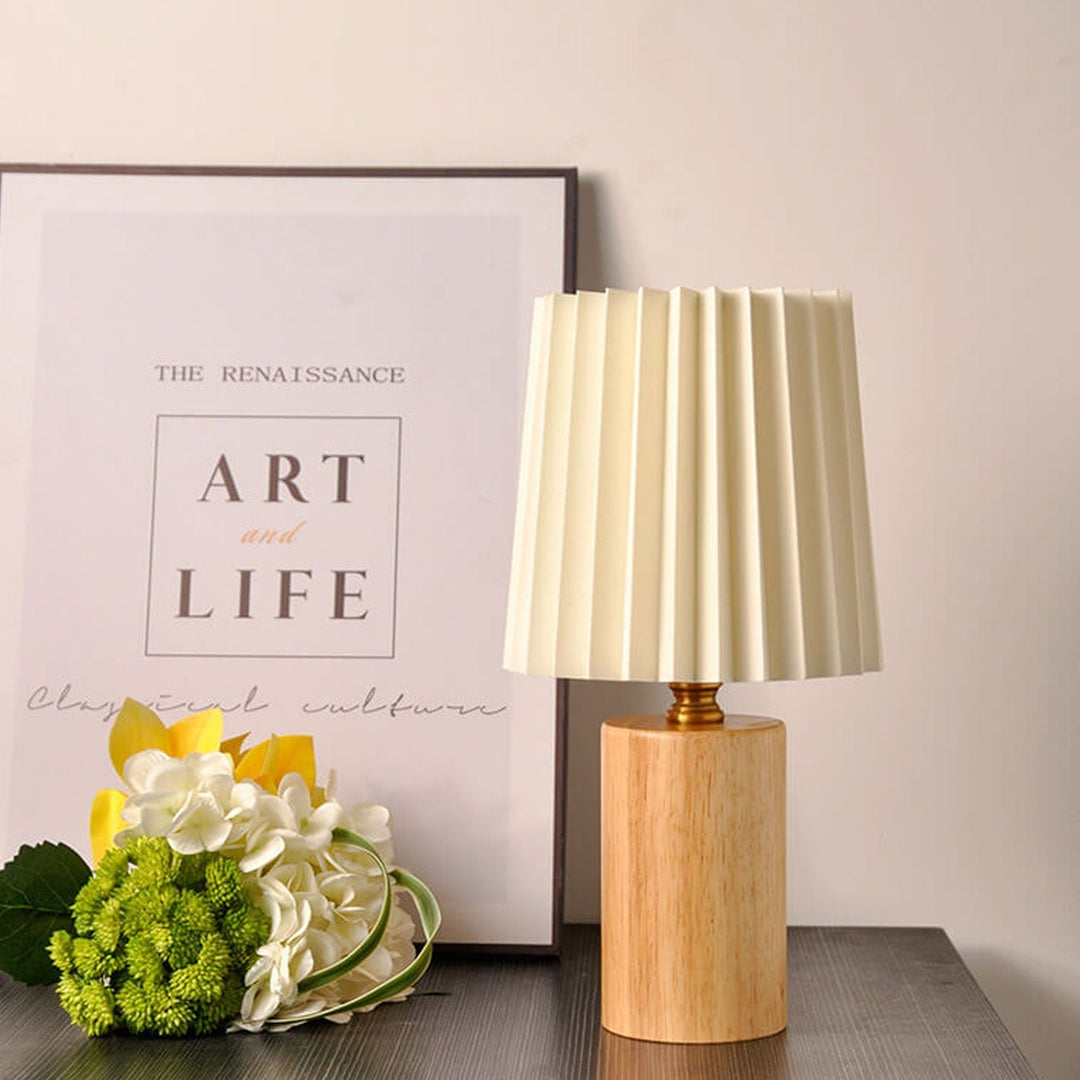 Vintage Pleated Table Lamp with Wooden Base - Elegant Bedside Lighting 8