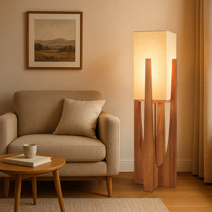 Wabi Sabi Floor Lamp with Fabric Shade and Wooden Base - LED Lighting for Living Room and Bedroom 4