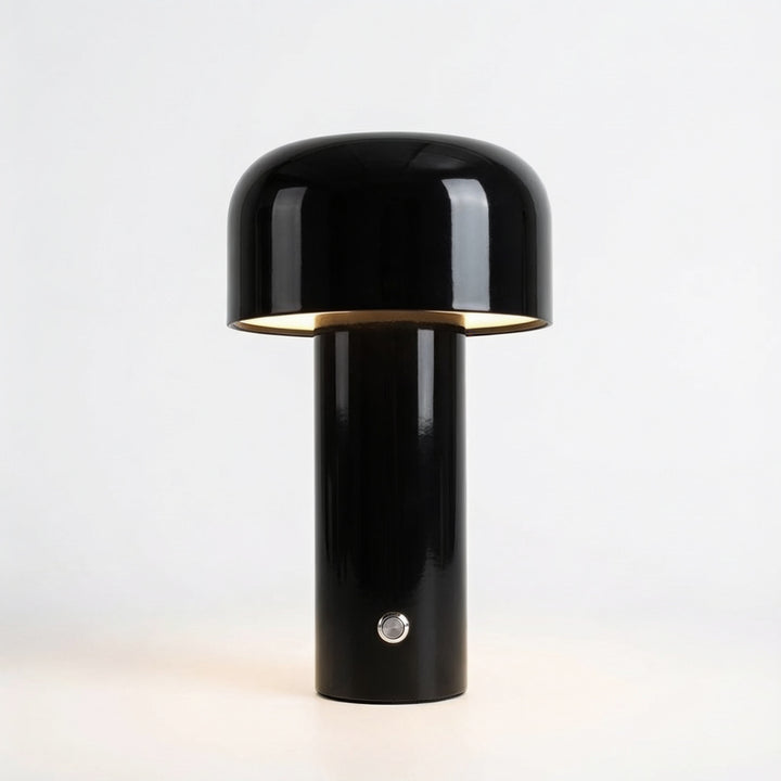 Agari mushroom cordless LED table lamp in black, lit, front view