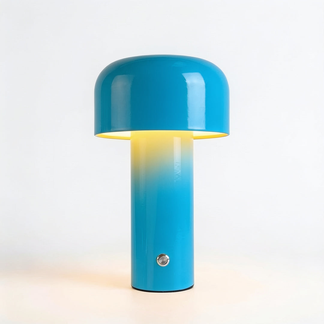 Agari mushroom cordless LED table lamp in blue, lit, front view