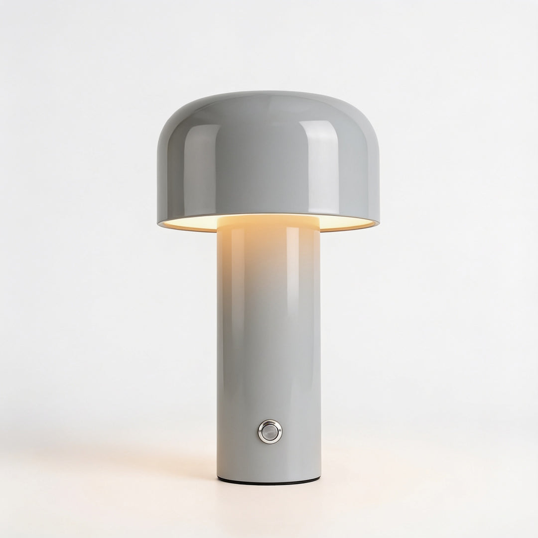 Agari mushroom cordless LED table lamp in gray, lit, front view