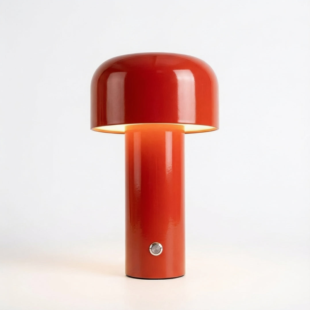 Agari mushroom cordless LED table lamp in red, lit, front view