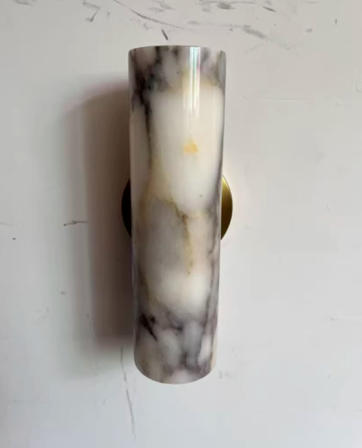 Calacatta Viola marble wall light, polished finish with brushed brass backplate, current production unit